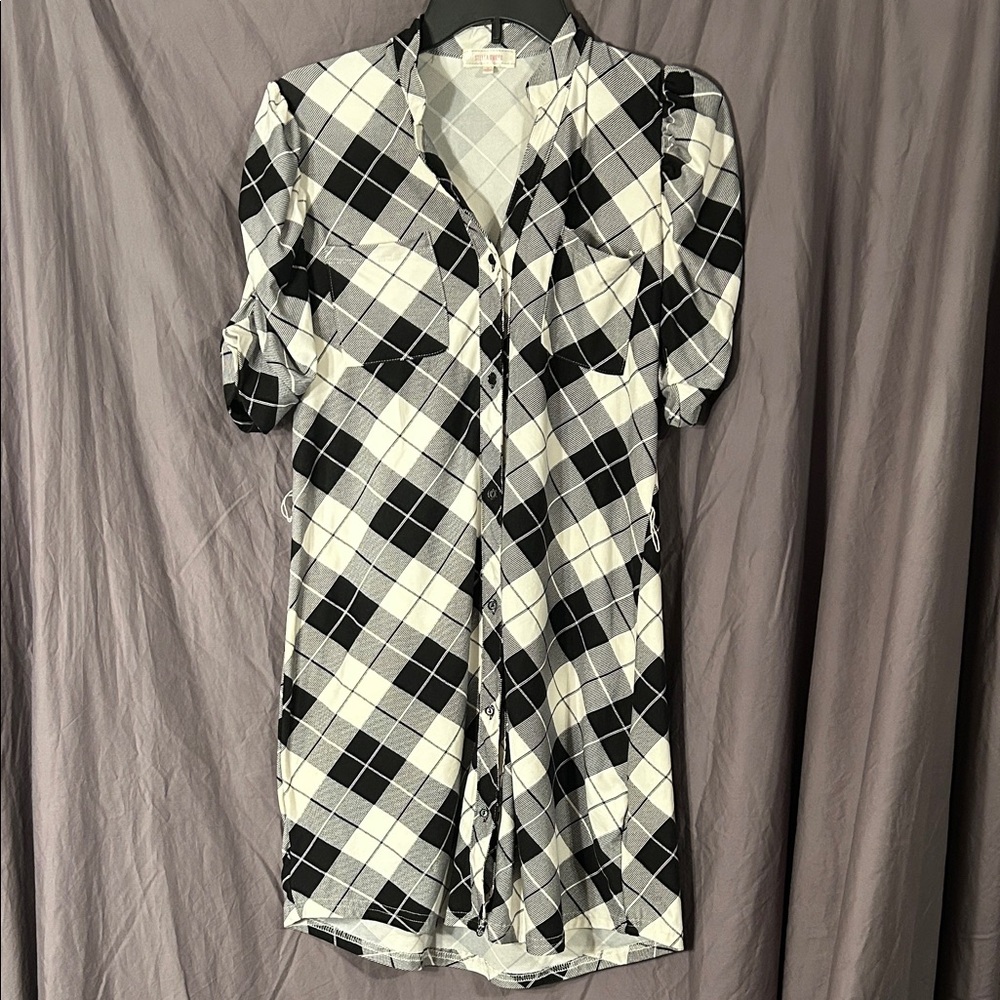 Stella Tweed Monochrome Plaid Button Shirt Dress - Picture 1 of 5